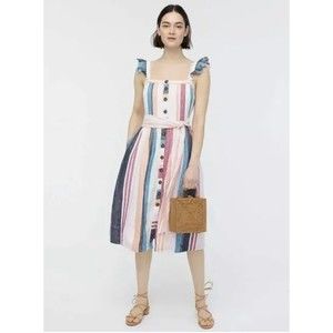 J. Crew Button-up Linen Midi Dress in Mixed Stripe Sz 0 Ruffle Item AK255